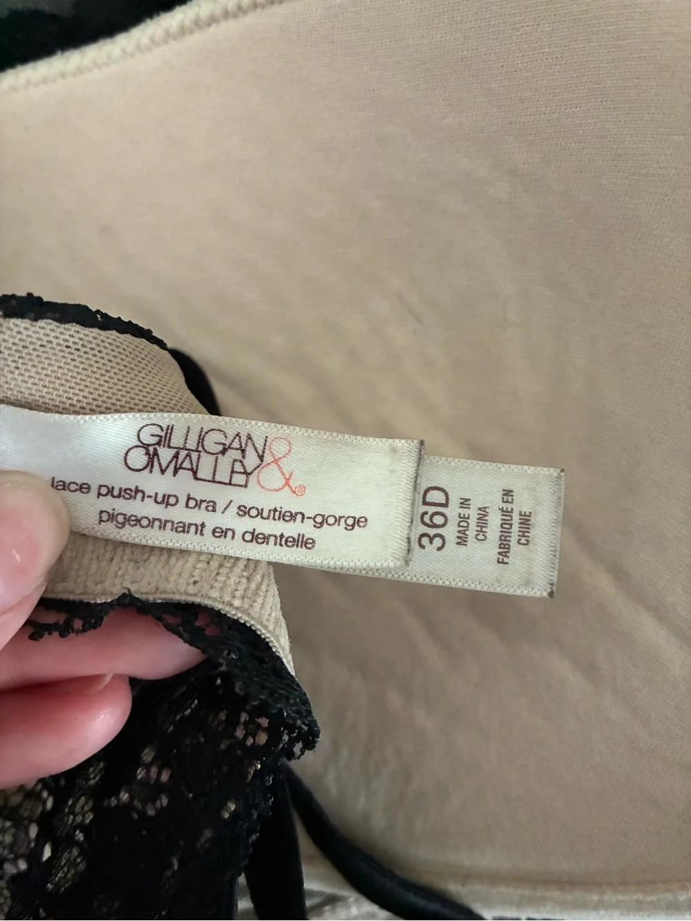 Gilligan & O'Malley Black Floral Lace Over Nude Push Up Padded Underwire Bra 36D